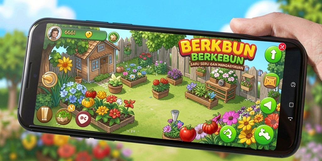 Tampilan gameplay 666I dengan kebun yang penuh warna dan tanaman subur.