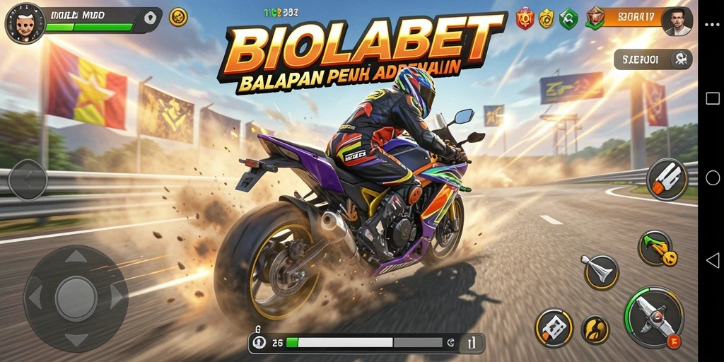 Tampilan gameplay seru dalam BIOLABET yang menampilkan aksi balapan motor.