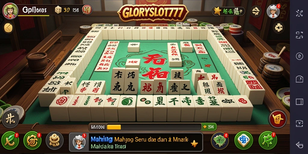 Screenshot gameplay GLORYSLOT777 menampilkan ubin Mahjong yang berwarna-warni dan antarmuka menarik.