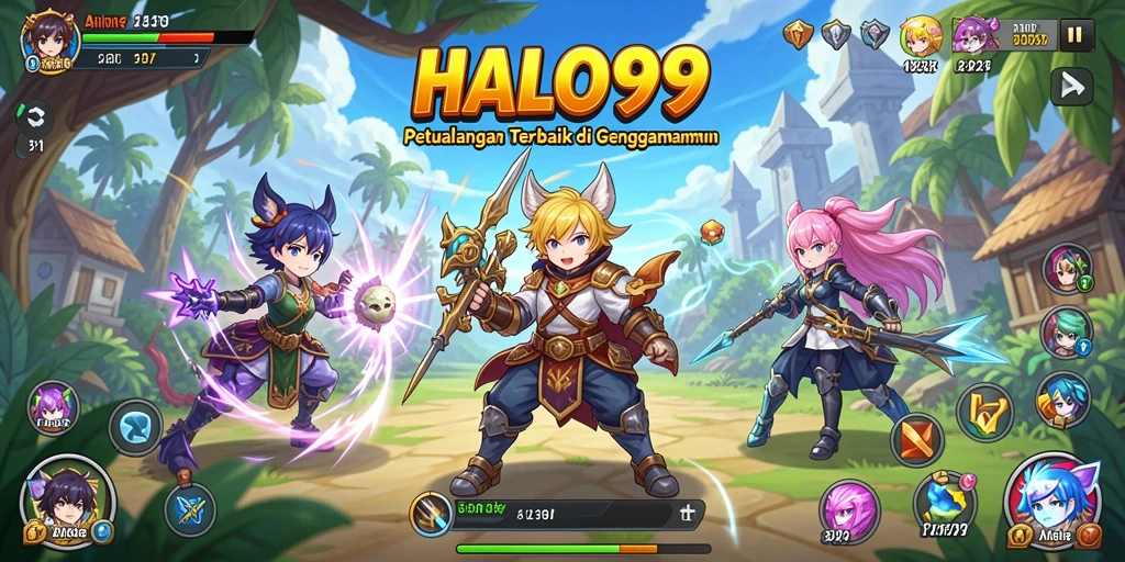 Tangkapan layar HALO99 menunjukkan karakter anime dalam aksi epik.